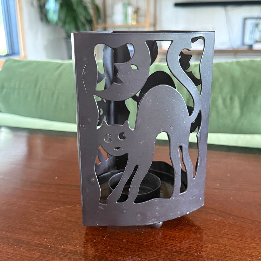 Halloween‎ Decor Arched Cat & Moon Three Sided Metal Cutout Candle Holder